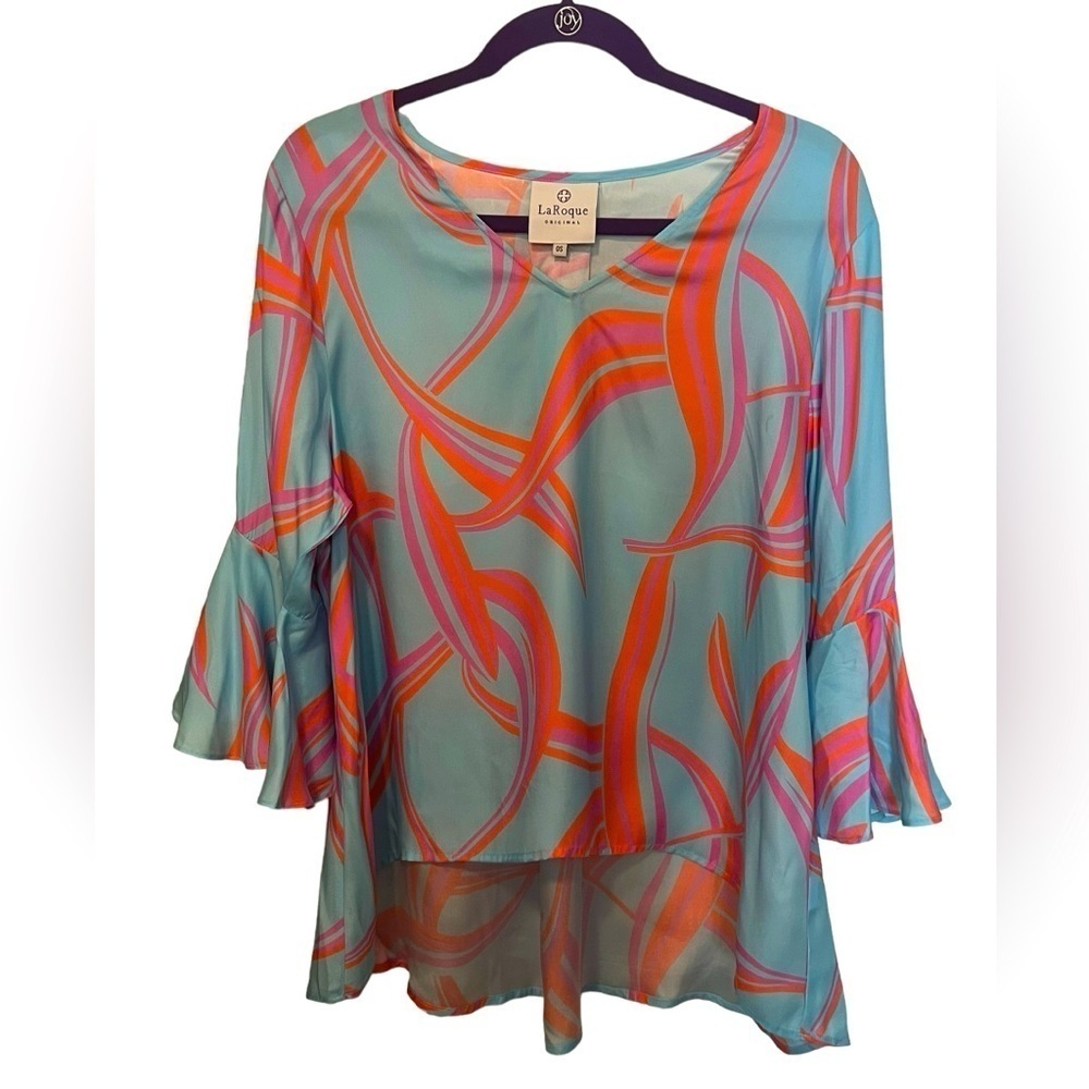 La Roque Park 100% silk blue, coral, and pink top with statement sleeves